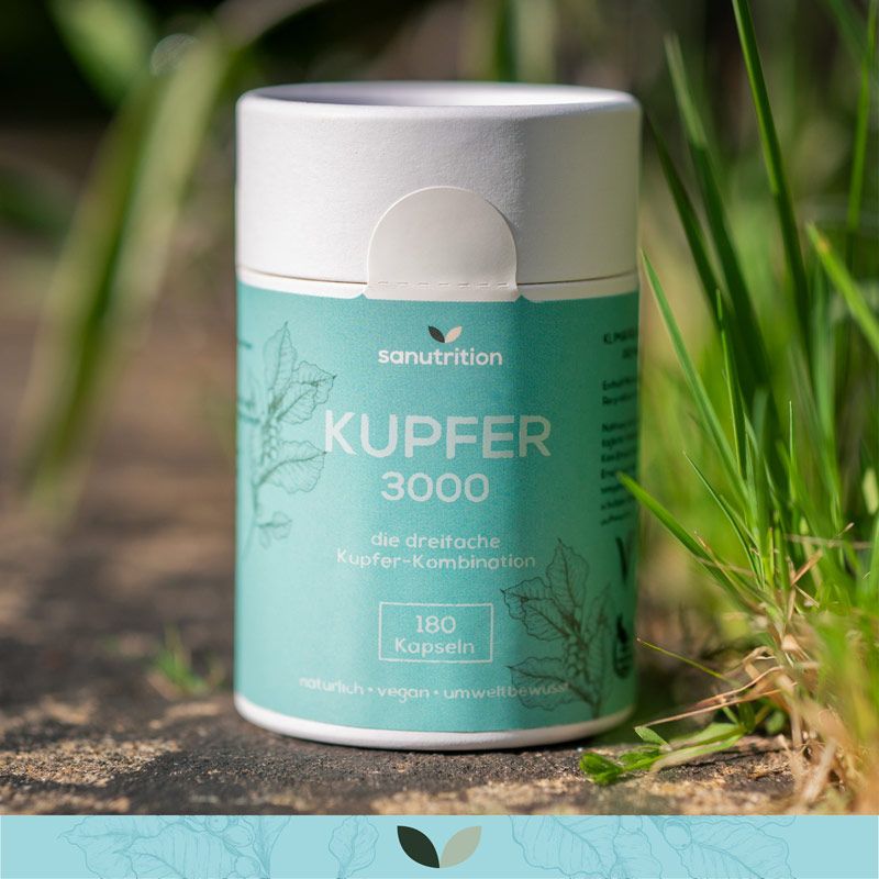Zylindrische Dose "Kupfer 3000" in Grün. Aufschrift "180 Kapseln". Hintergrund: Gras und Stein.