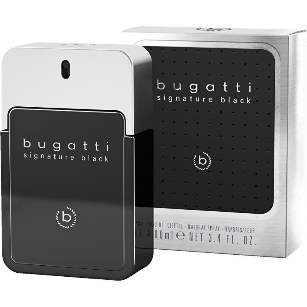 Schwarzer Flakon und Verpackung. Aufschrift: Bugatti Signature Black. Silberne Kappe. Schwarzer rechteckiger Flakon.