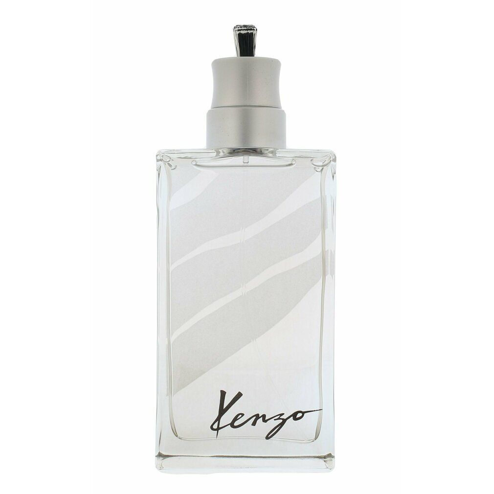 Kenzo Jungle Homme Eau de Toilette Flakon. Rechteckige, transparente Flasche mit silbernem Verschluss. Kenzo-Logo.