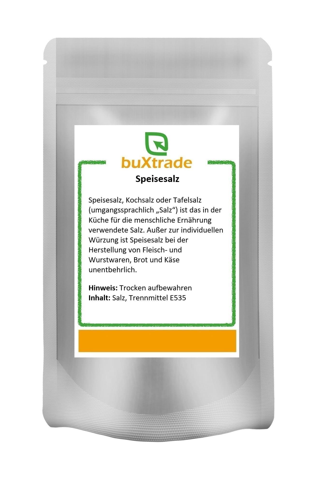 Verpackung von buXtrade Speisesalz. Weißer Beutel mit Etikett. Text: Speisesalz, buXtrade Logo, Inhaltsangabe.