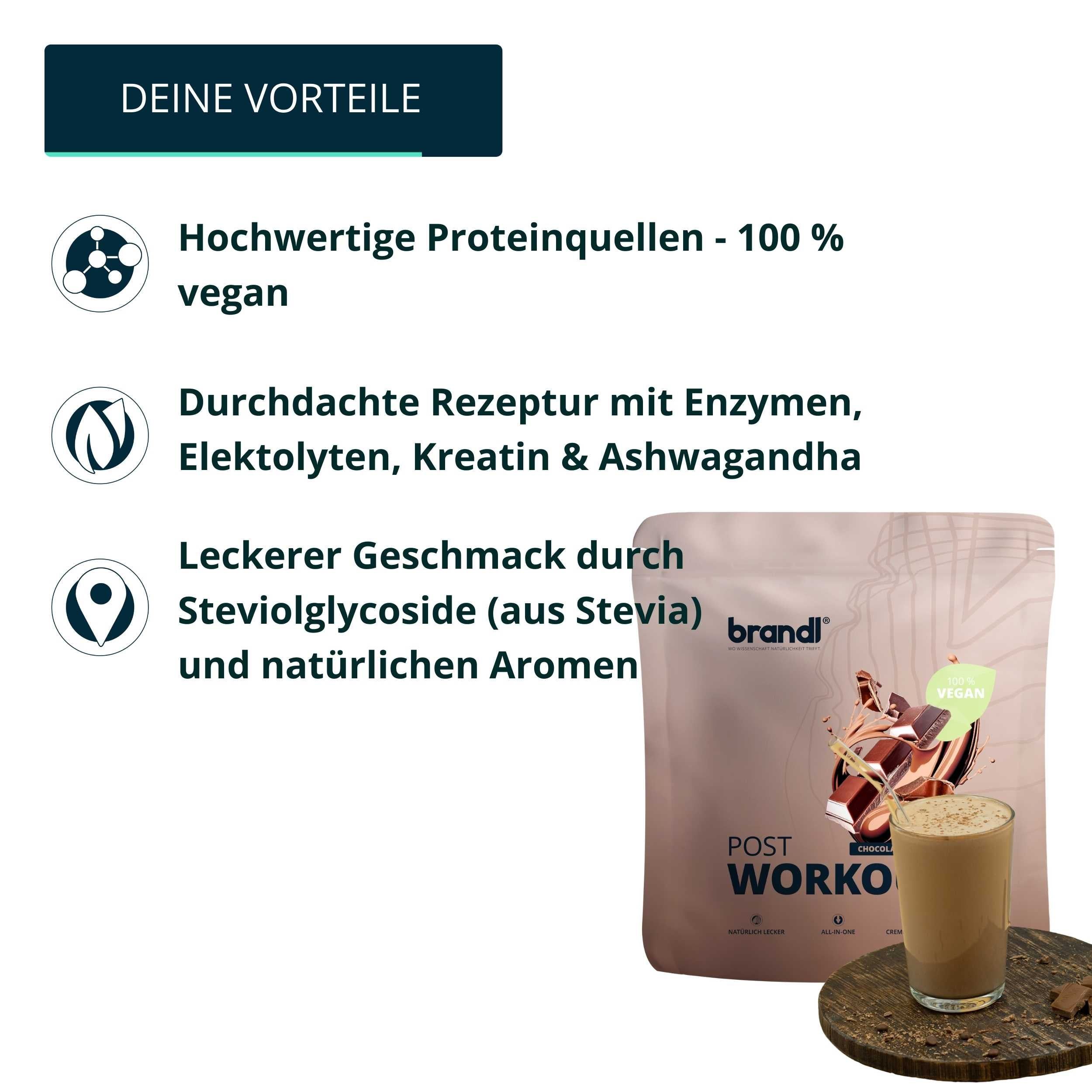Text: 'DEINE VORTEILE'. Illustrationen und Text über vegane Proteinquellen, Rezeptur, Geschmack.