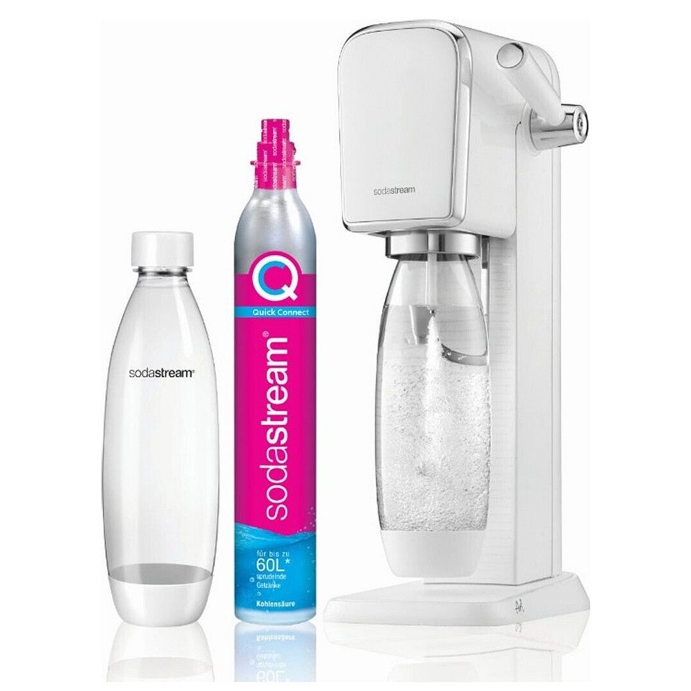 SodaStream Art weißer Wassersprudler mit leerer Flasche und CO2-Zylinder.