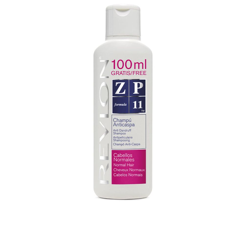 Weiße Shampoo-Flasche mit rosa und blauen Etiketten. Text: Revlon, ZP 11, Champú Anticaspa, Cabellos Normales. 100ml Gratis/Free.