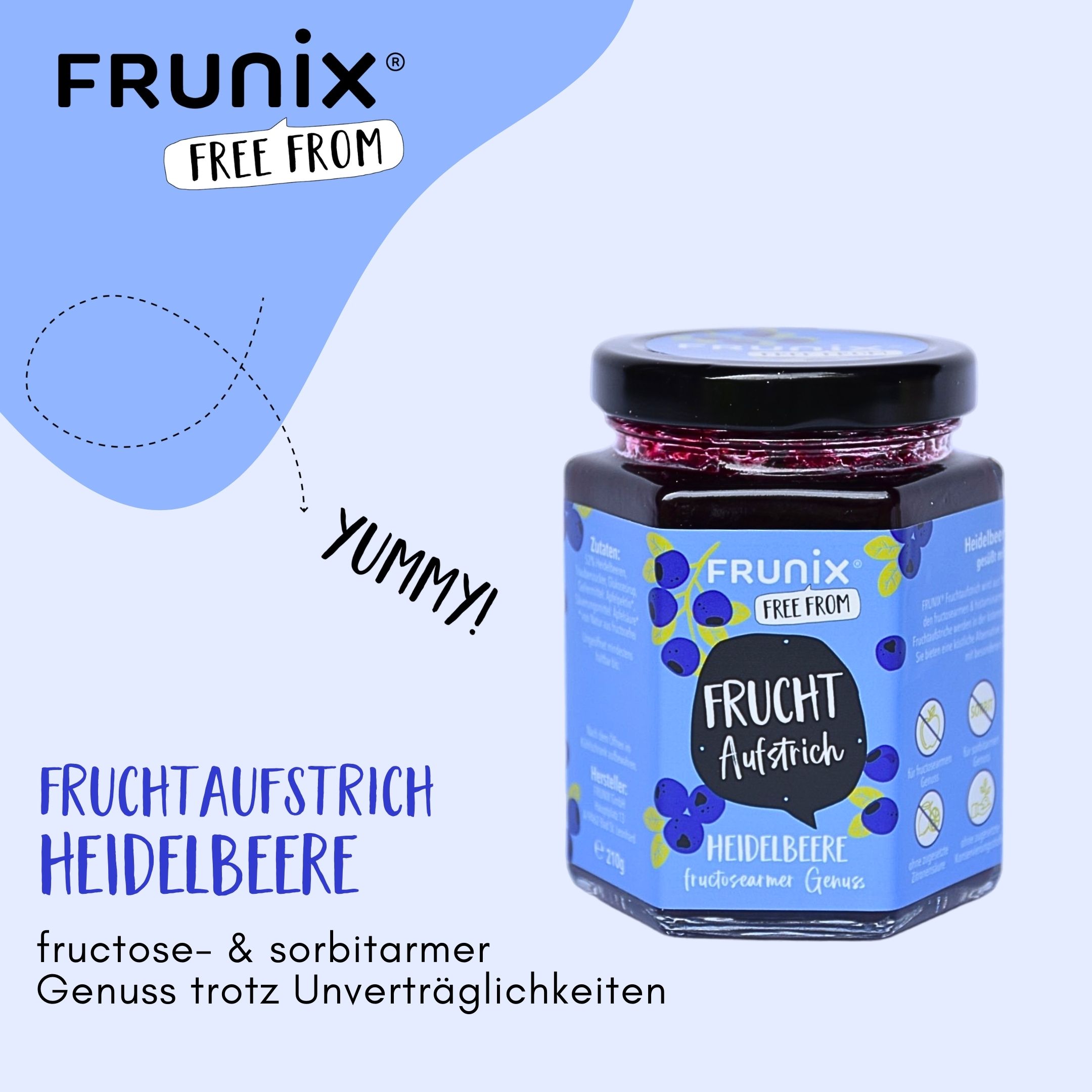 Glas mit FRUNIX® Heidelbeer-Fruchtaufstrich. Blaue Etikett mit Produktname und Heidelbeeren. Aufschrift: fructose- & sorbitarmer Genuss trotz Unverträglichkeiten.