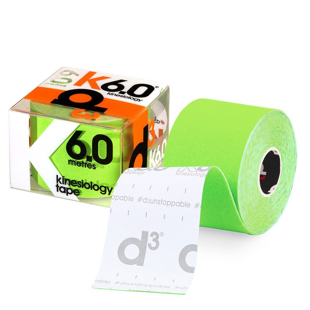 Grünes Kinesiologie-Tape, 6,0 Meter, in durchsichtiger Verpackung mit Aufdruck K6.0.