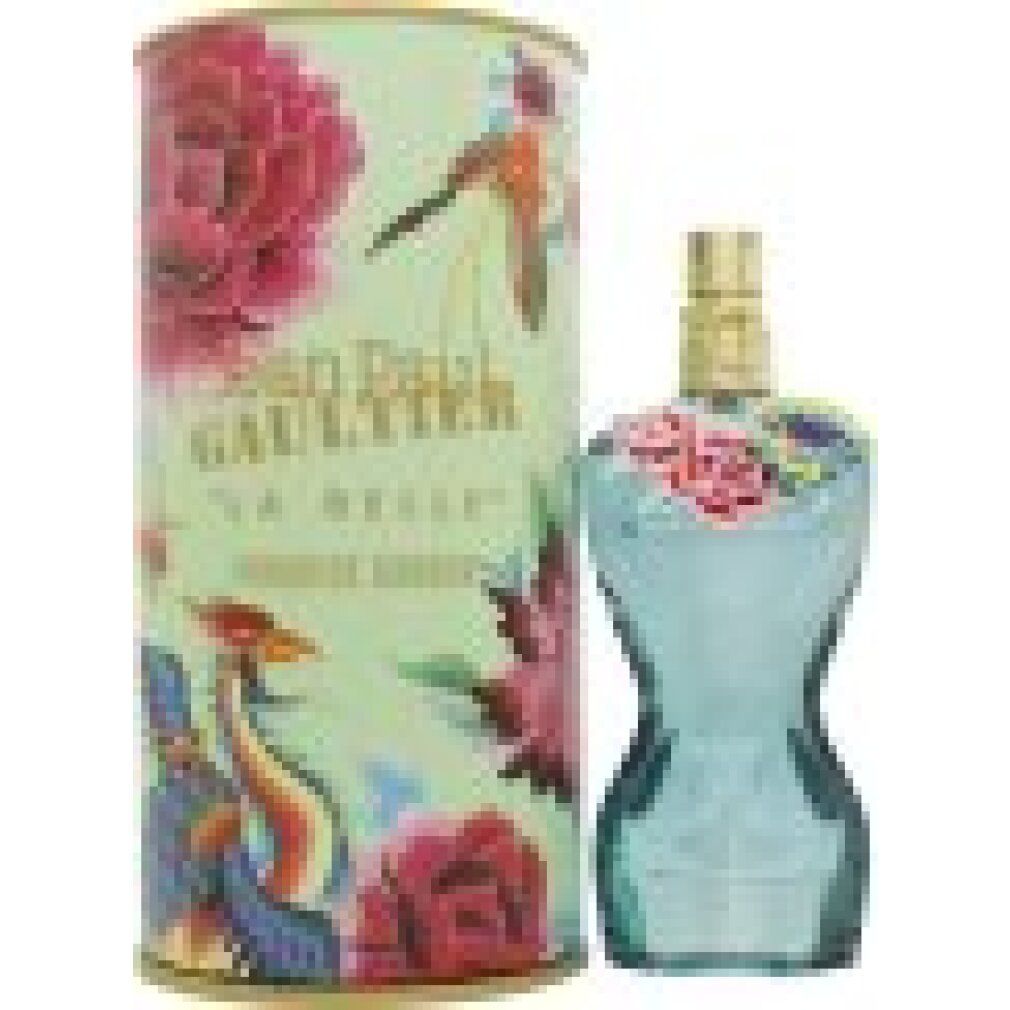 Türkisgrüner Flakon und Dose mit Blumenmuster. Aufschrift: Jean Paul Gaultier La Belle Paradise Garden.