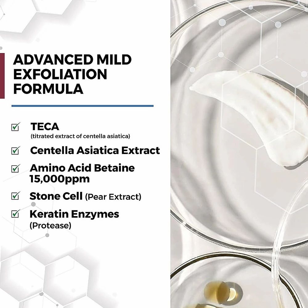 Nahaufnahme von Inhaltsstoffen. Text: TECA, Centella Asiatica Extract, Amino Acid Betaine, Stone Cell, Keratin Enzymes.