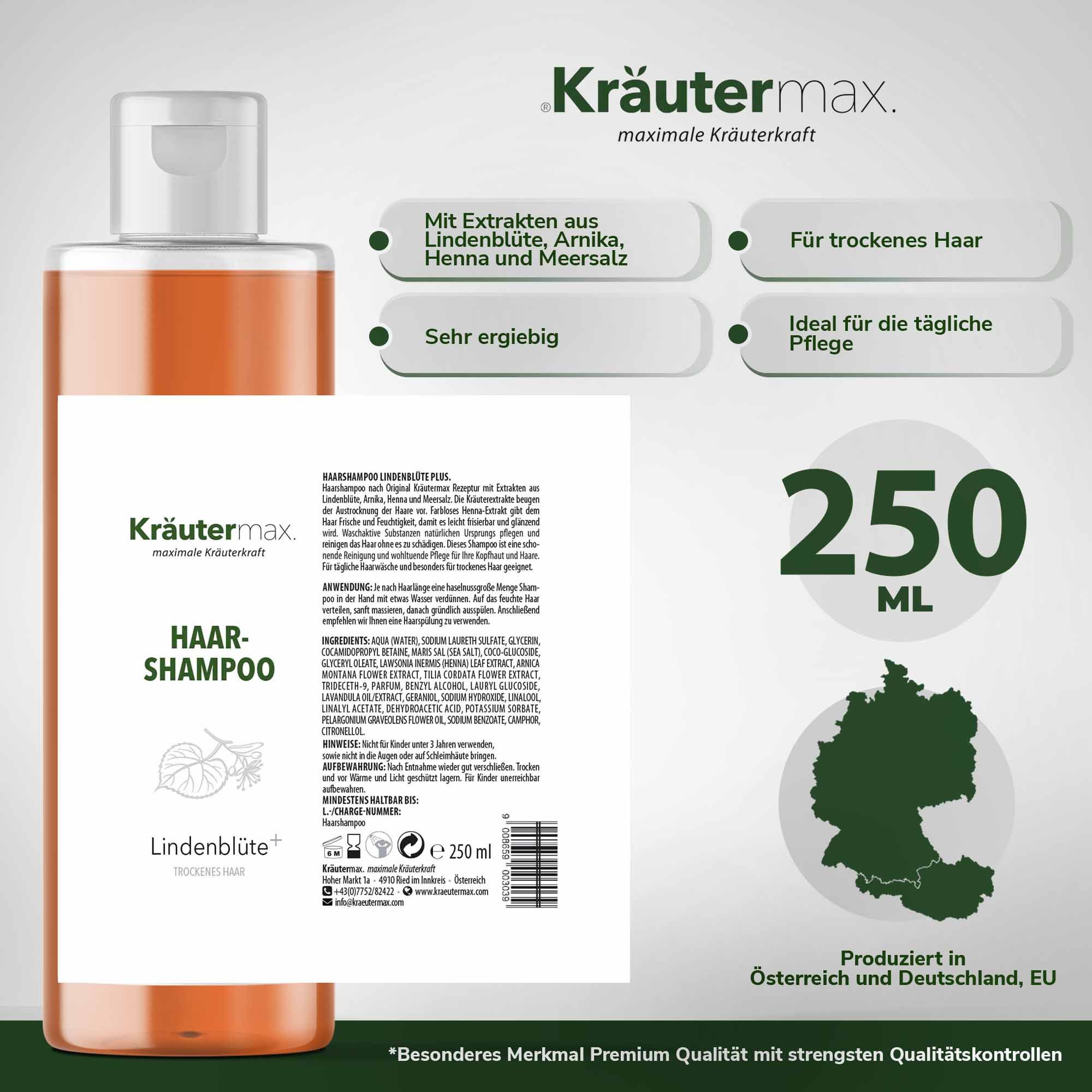 Kräutermax Haarshampoo Lindenblüte plus. Flasche mit Etikett. Informationen: Inhaltsstoffe, 250 ml, hergestellt in Österreich und Deutschland.