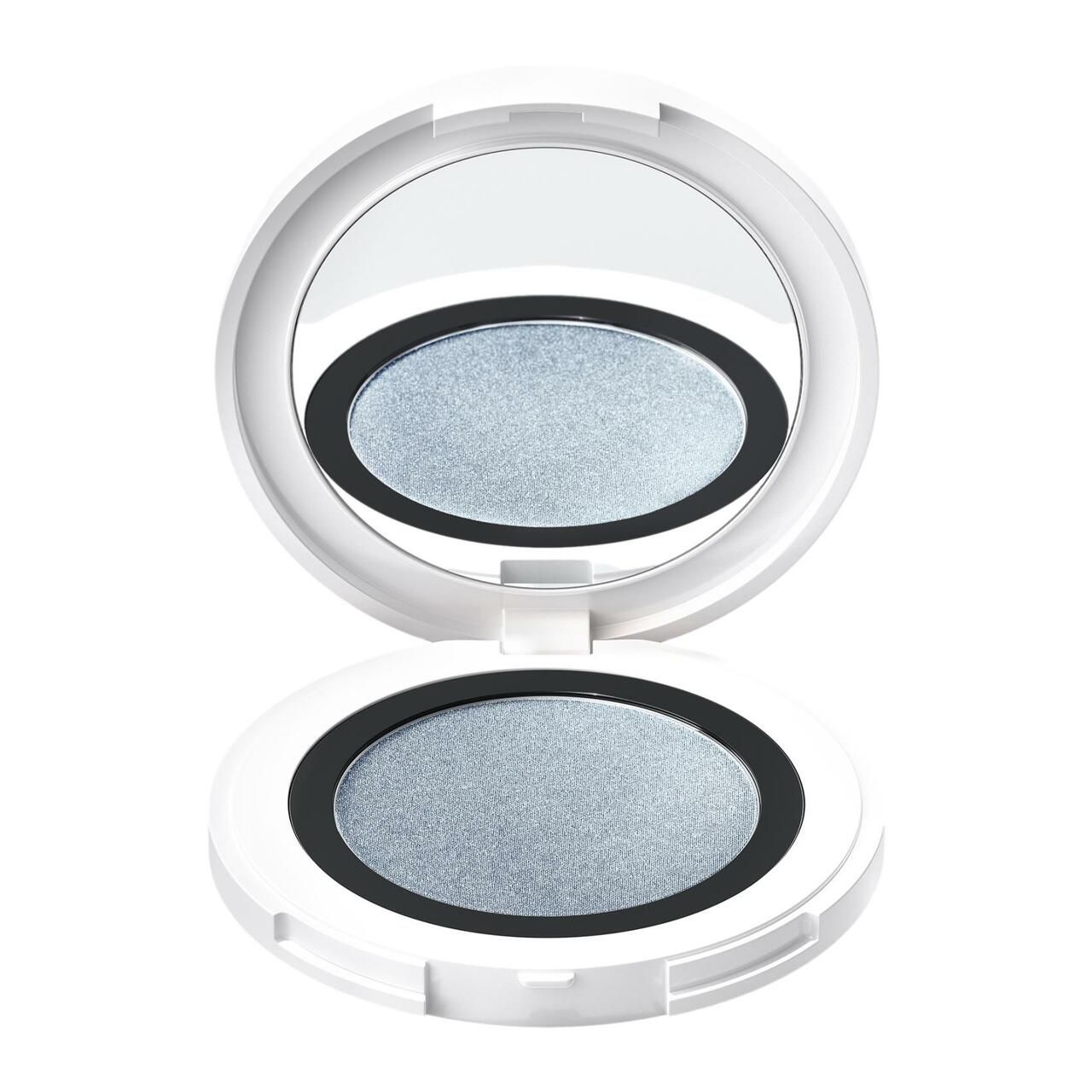 Offener weißer Lidschatten-Behälter mit Spiegel und eisblauem Lidschatten.