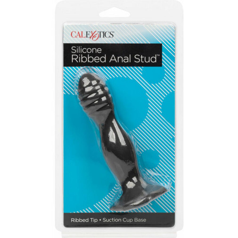 Verpackung mit schwarzem Anal-Stift. Gerippte Spitze, Saugnapf-Basis. Marke: CALEXOTICS.