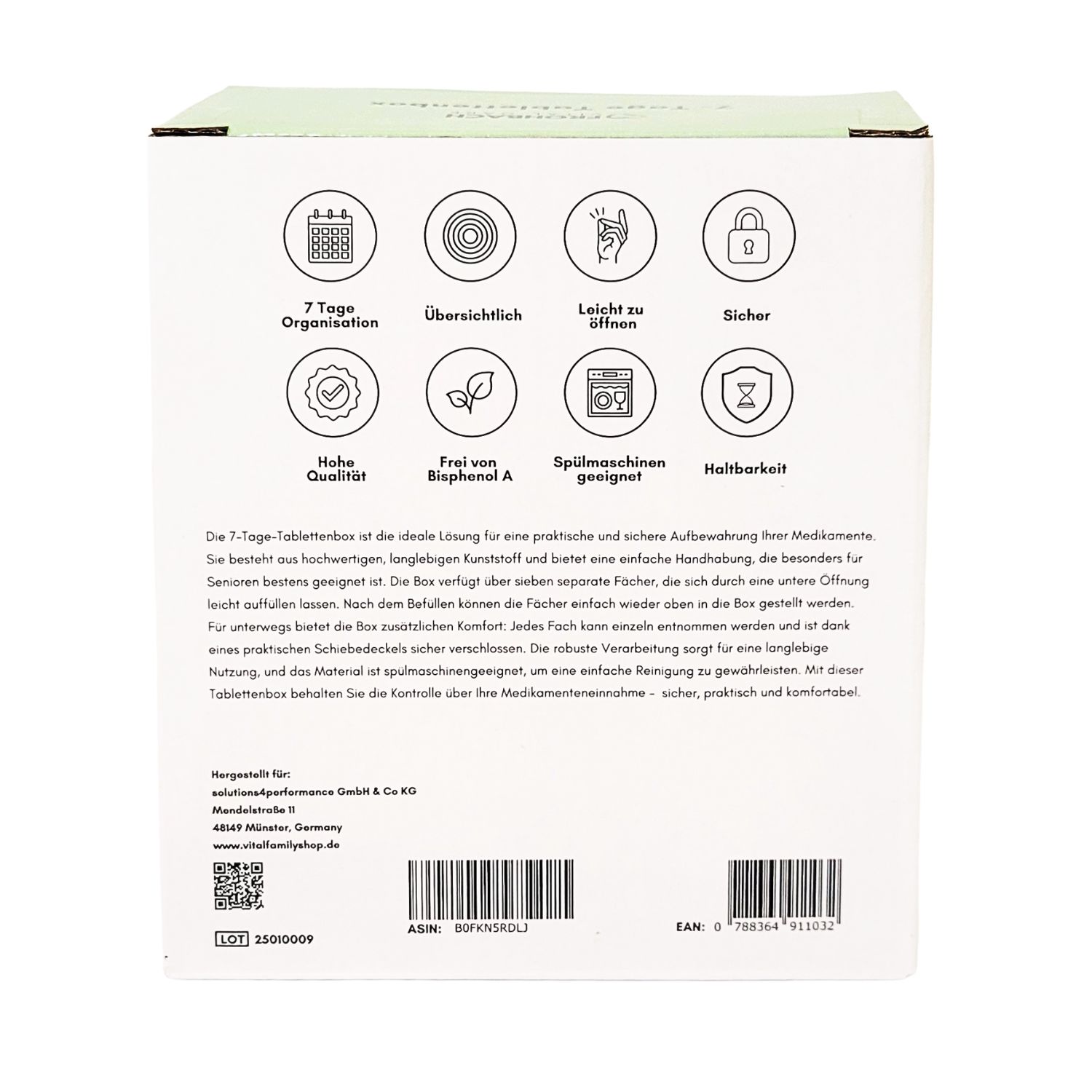 Verpackung der 7-Tage-Tablettenbox. Rückseite mit Text und Symbolen: Organisation, Übersichtlichkeit, leichte Handhabung, Sicherheit, hohe Qualität, BPA-frei, spülmaschinengeeignet, Haltbarkeit.