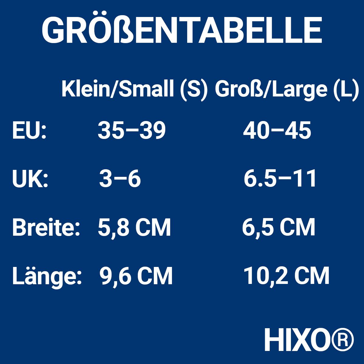 Größentabelle für HIXO Fersenkissen: EU 35-39 (S) und 40-45 (L).
