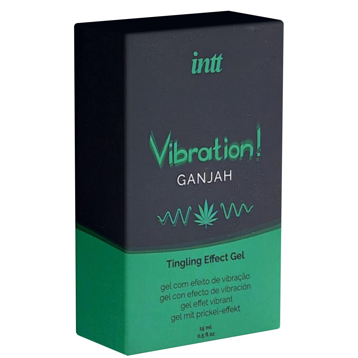 Schwarze Schachtel mit grünem Streifen. Text: INTT, Vibration!, Ganjah, Tingling Effect Gel. Mehrsprachiger Text.