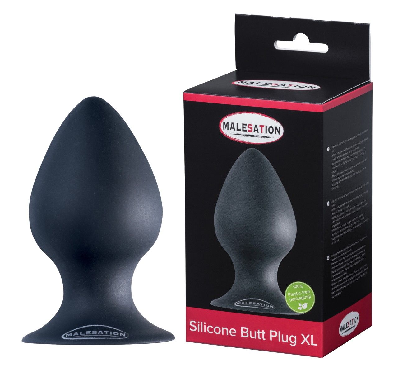 Dunkelgrauer Silikon-Analplug mit breiter Basis und spitz zulaufender Form. Verpackung mit Produktabbildung und Größenangabe 'XL'.