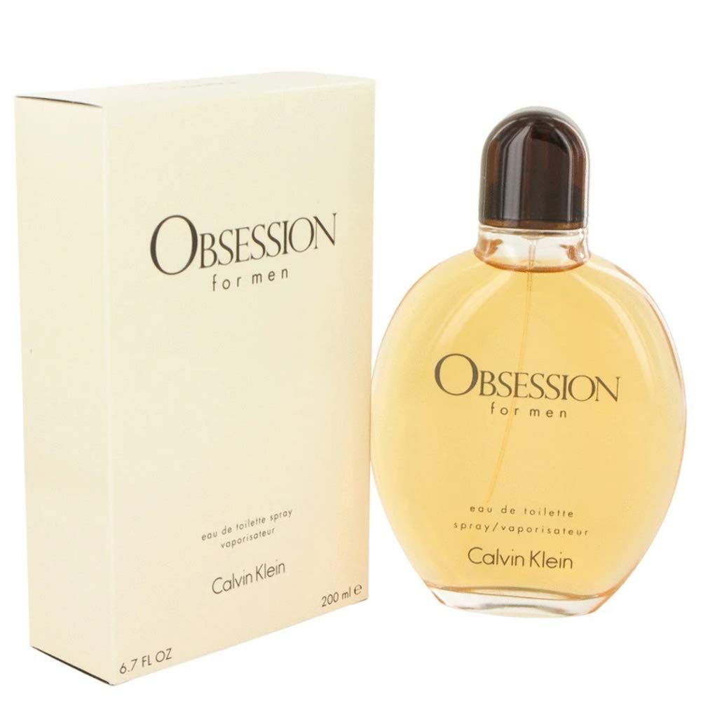 Calvin Klein Obsession for men Flakon und Verpackung. Runde Flasche, brauner Verschluss. Beige Karton, Produktname und Logo.