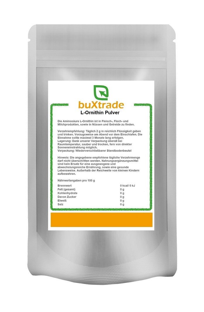 Beutel mit weißem Hintergrund und Produktinformationen. Aufschrift: buXtrade L-Ornithin Pulver. Grün umrandetes Etikett mit Text und Nährwertangaben.