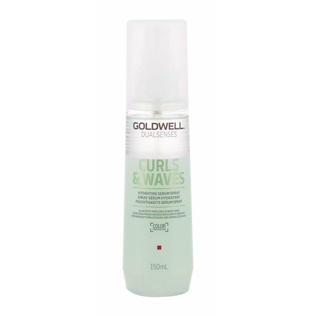 Haarspray-Flasche mit weißem Deckel. Aufschrift: Goldwell Dualsenses Curls & Waves. Grüne Schrift. 150ml.