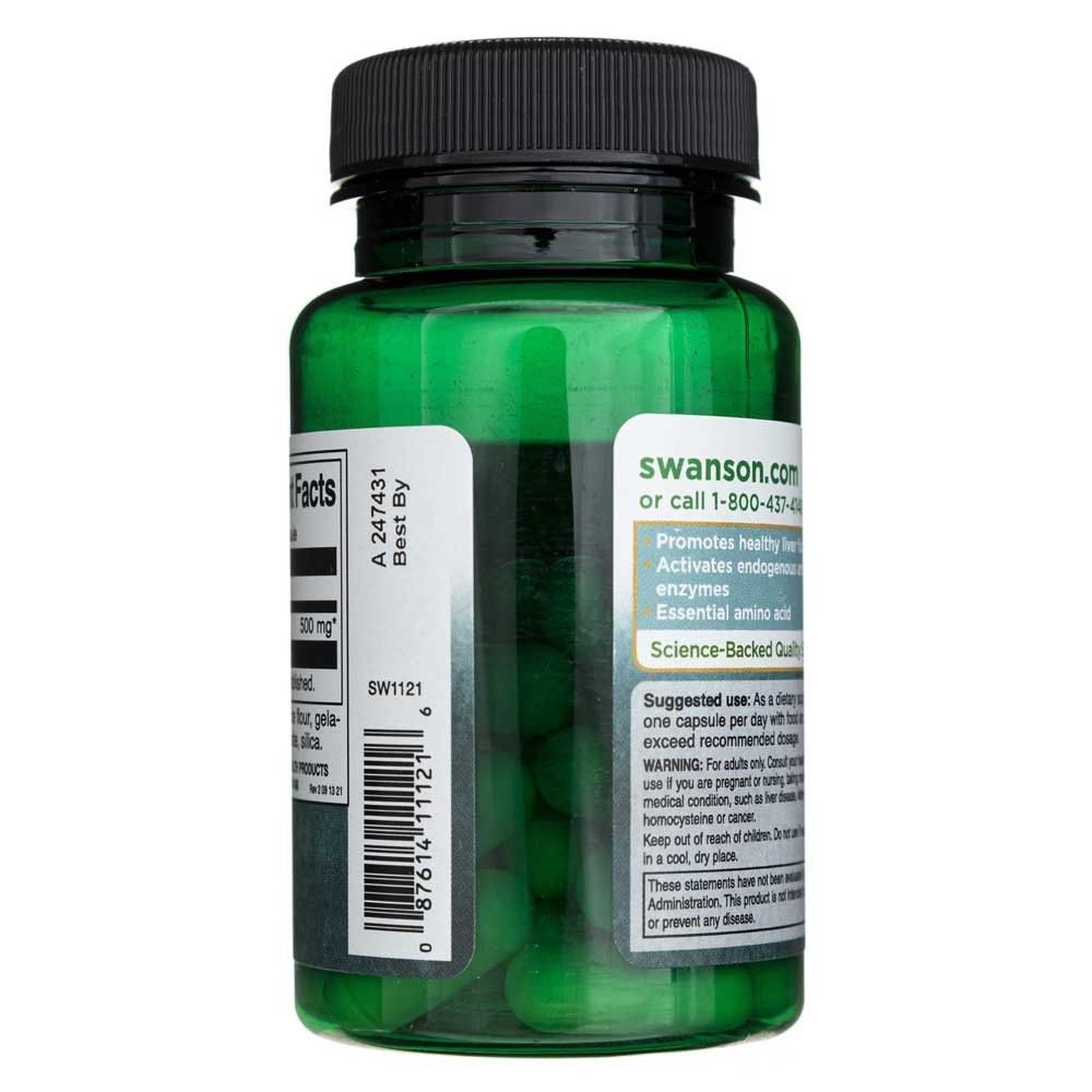 Seite einer grünen Flasche mit Swanson L-Methionin, Swanson.com, Anwendungsrichtlinien und Qualitätsinformationen.