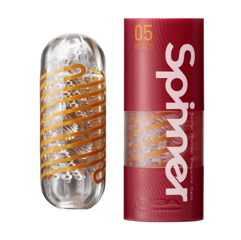 TENGA Spinner Beads 05: Transparenter Behälter mit orangefarbenen Spiralen und inneren Perlen. Rote Verpackung.