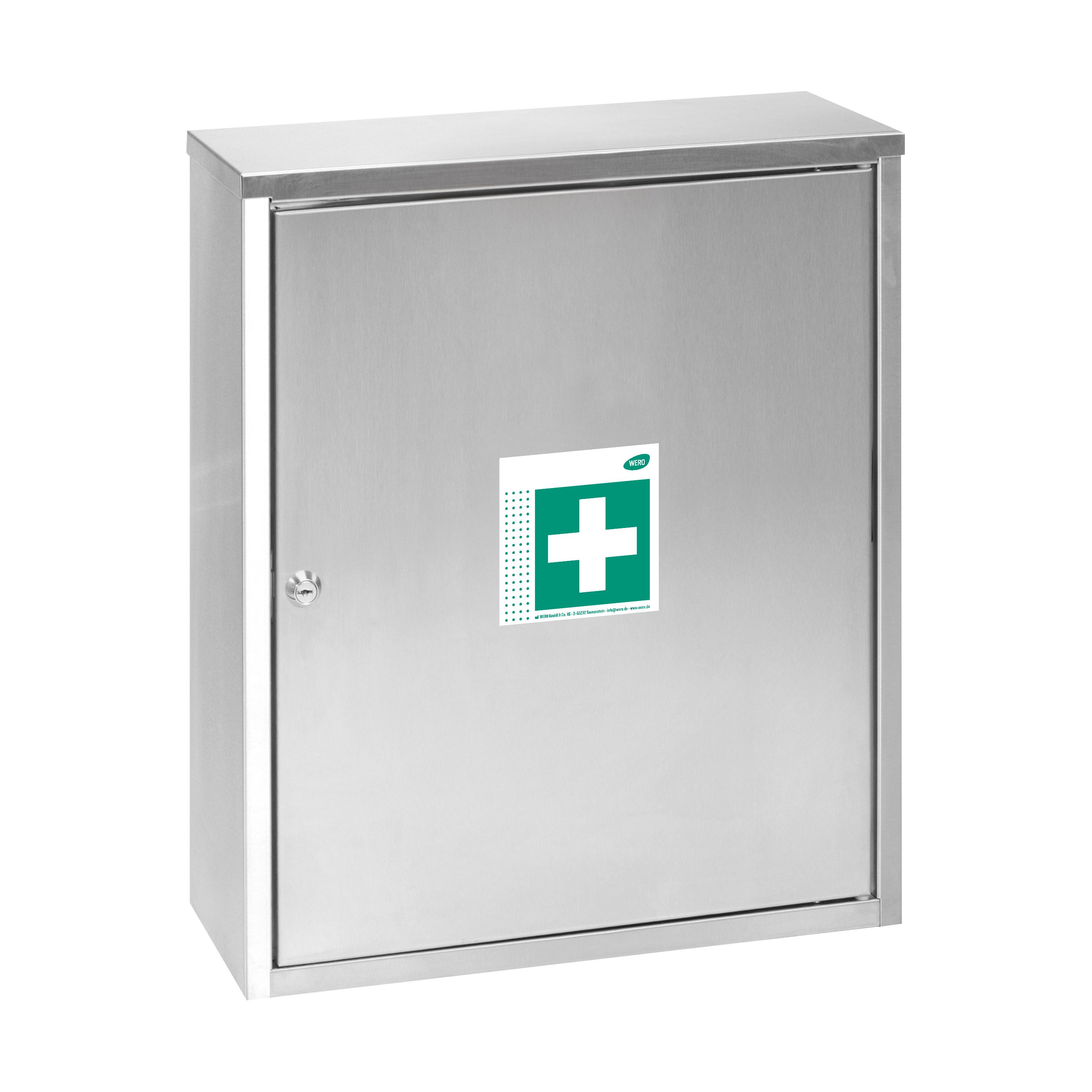 Edelstahl-Verbandschrank mit grünem Kreuz-Aufkleber. Rechteckige Form, Tür mit Schloss. Wandmontage. Sichtbare Marke.