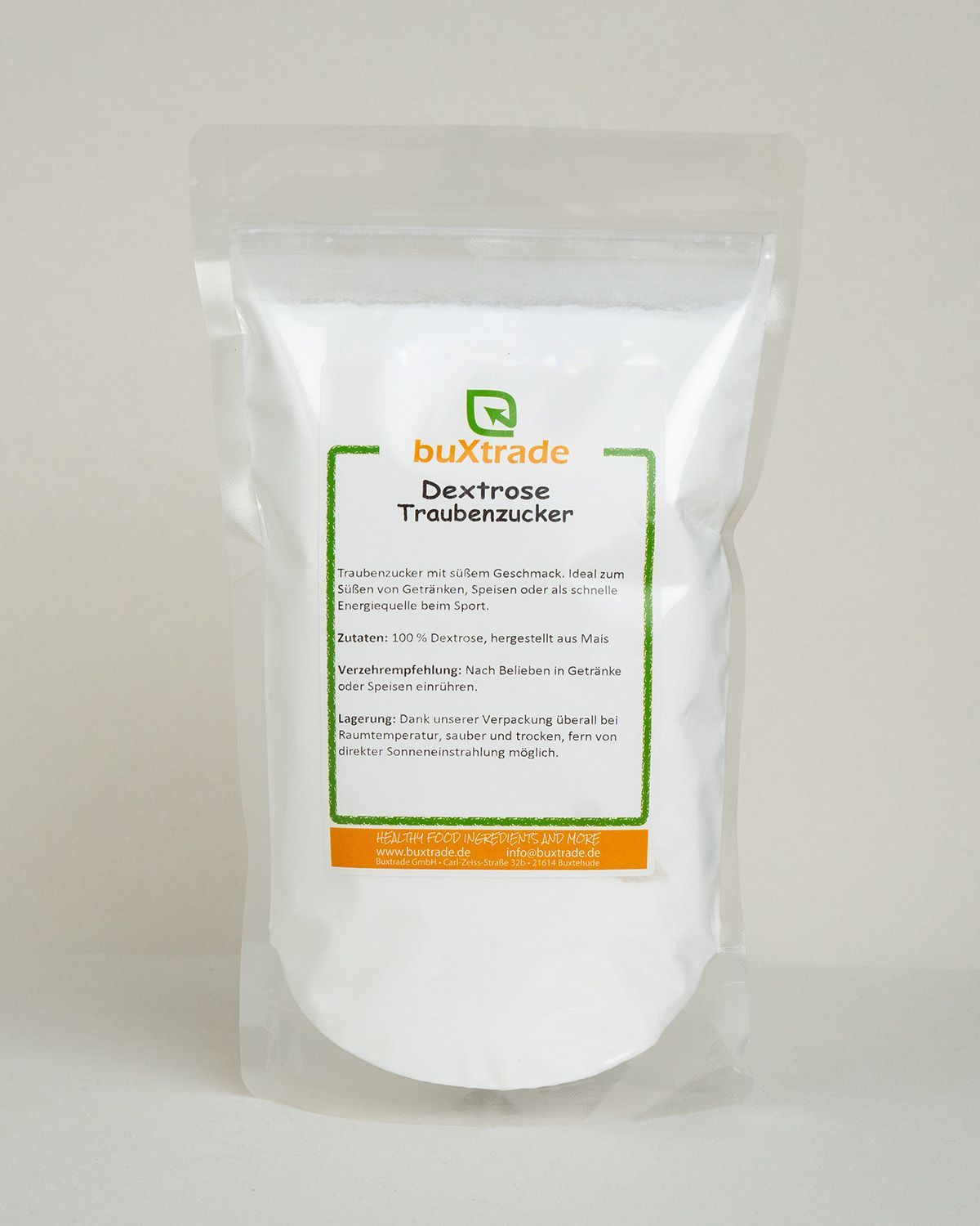 Bequeme Standbodenbeutel mit buXtrade Dextrose Traubenzucker. Enthält 100% Dextrose aus Mais.