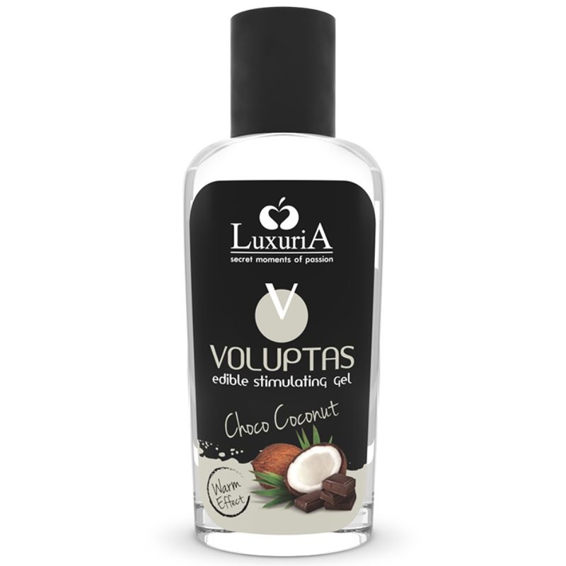 Flüssiges Massagegel in transparenter Flasche mit schwarzem Verschluss. Etikett mit "VOLUPTAS edible stimulating gel Choco Coconut" und "Warm Effect".