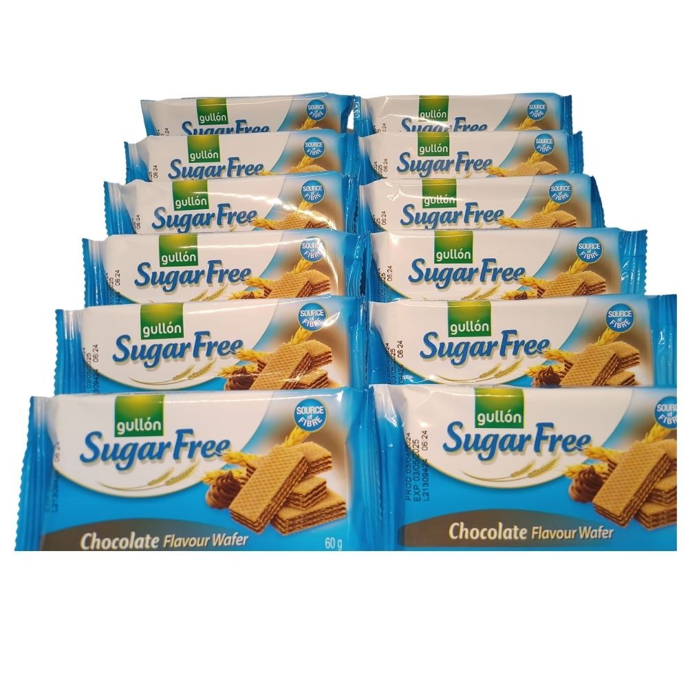 Zehn einzelne Packungen Gullón zuckerfreie Schokoladenwaffeln.