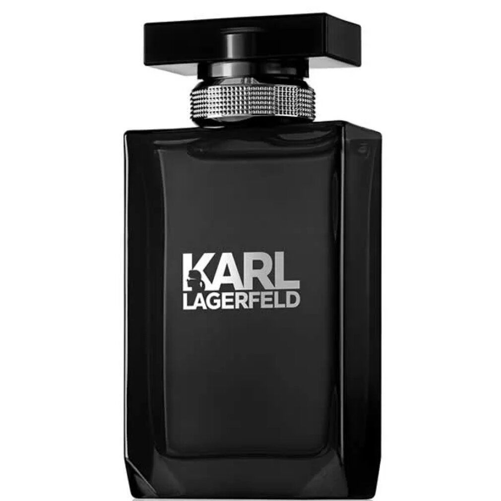 Schwarzer Flakon von Karl Lagerfeld Pour Homme Eau De Toilette. Silberner Verschluss und Markenlogo.