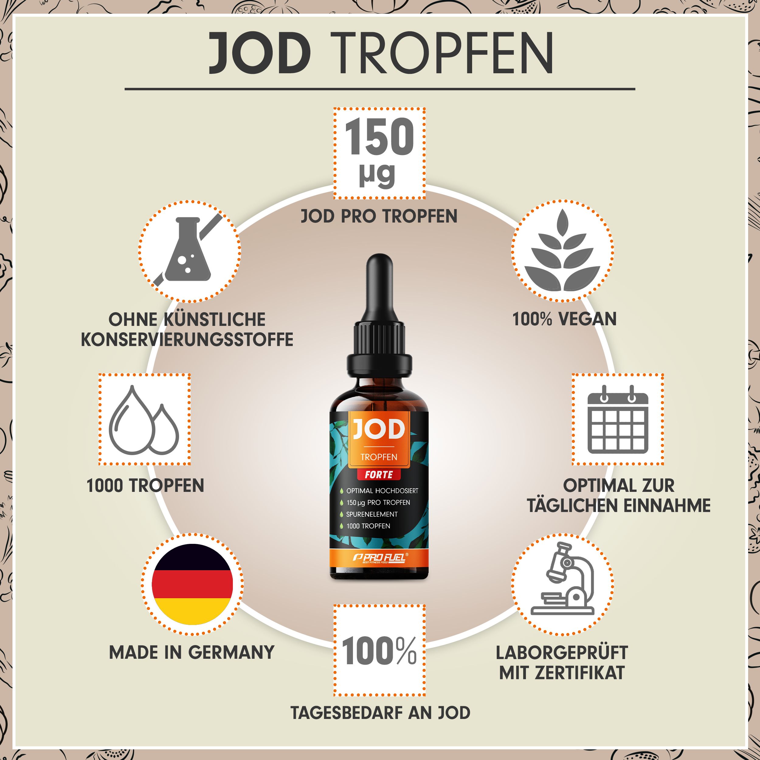 Braune Glasflasche mit Tropfer. Aufschrift: Jod Tropfen Forte, 150 µg Jod pro Tropfen. Logos: Vegan, Made in Germany, Laborgeprüft.