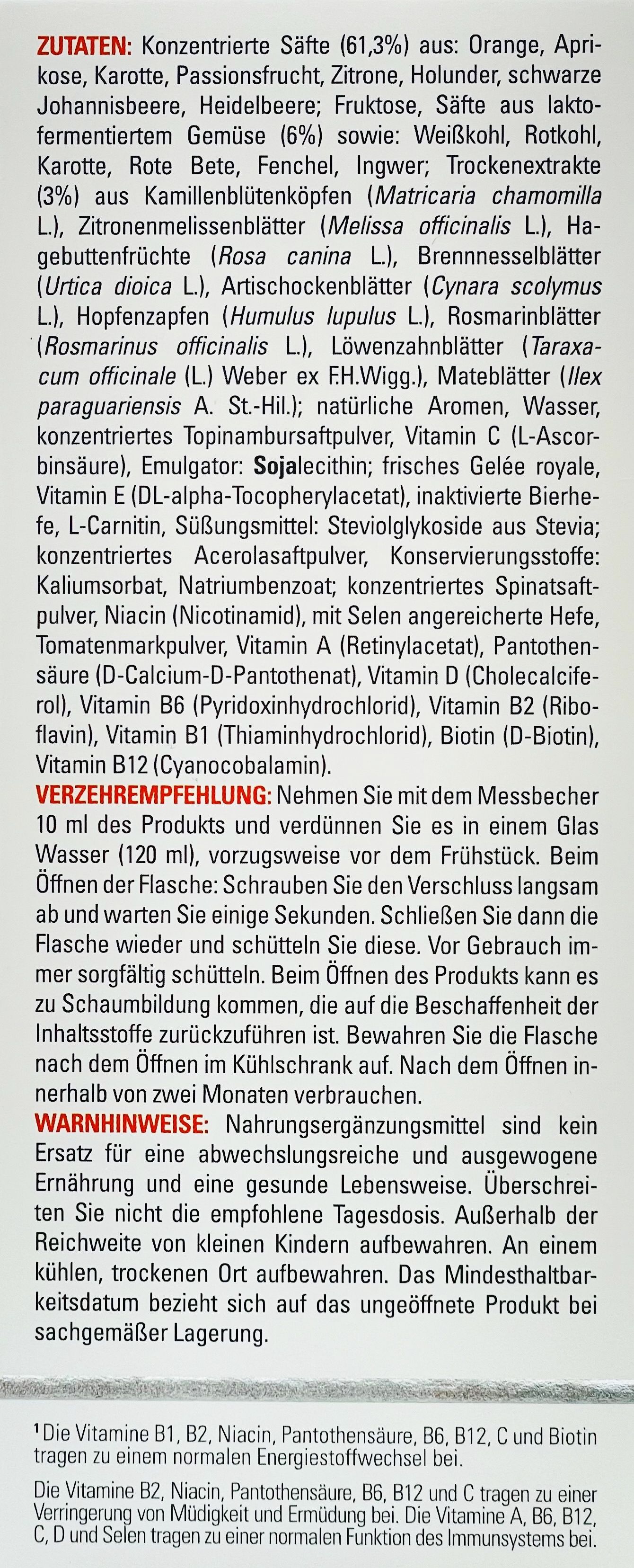 Liste der Inhaltsstoffe von Vibracell®, einschließlich Fruchtsäfte, Kräuterextrakte und Vitamine. Text in deutscher Sprache.
