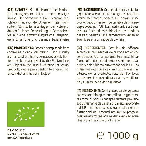 Text in mehreren Sprachen über GreatVita Bio Hanfsamen. Zutaten, Nährwerte, Herkunft, Zertifizierung.