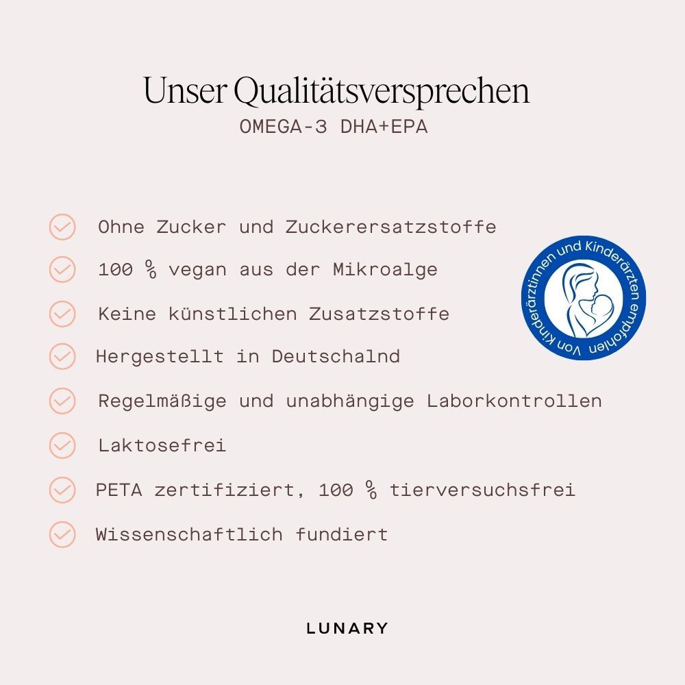 Qualitätsversprechen: Ohne Zucker, vegan, ohne Zusatzstoffe, hergestellt in Deutschland, PETA zertifiziert.