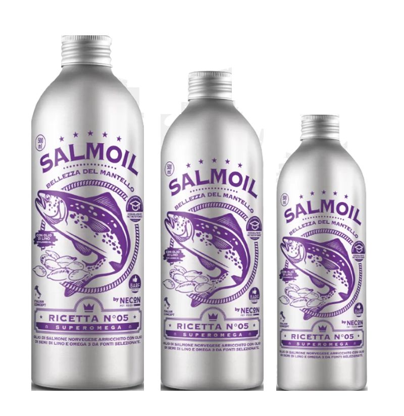 Drei silberne Flaschen mit lila Etiketten. Auf den Etiketten steht "SALMOIL" und ein Fisch-Design. Text: "RICETTA N°05 SUPEROMEGA".