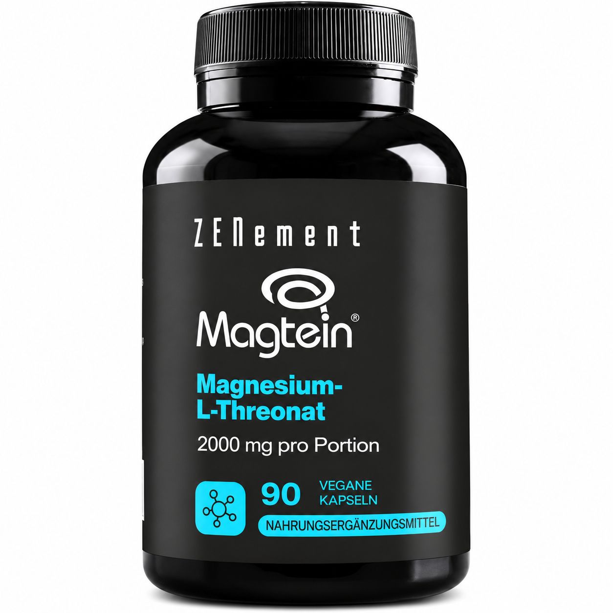 Schwarze Dose mit "Magstein Magnesium-L-Threonat" Etikett. Enthält 90 vegane Kapseln, 2000 mg pro Portion.