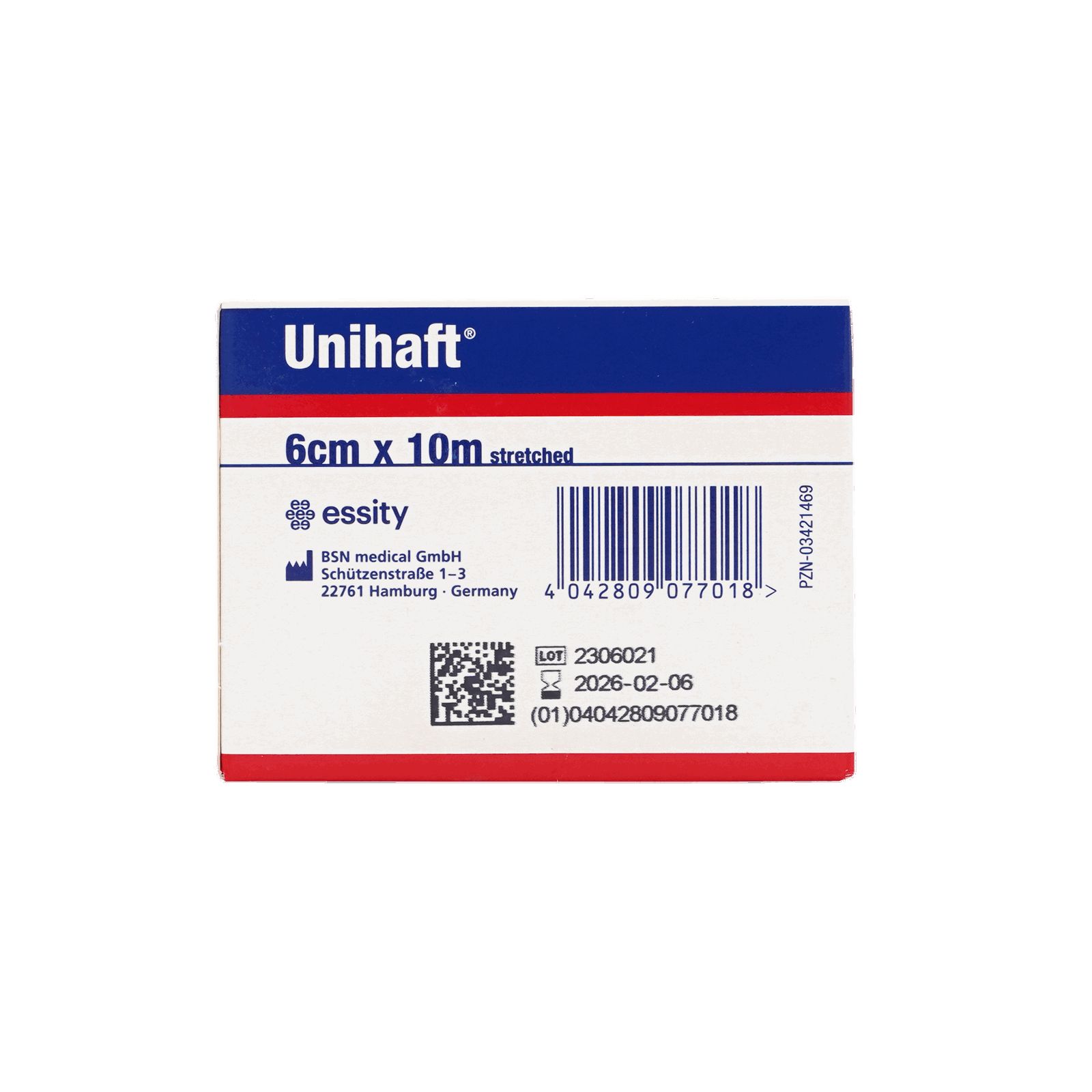 Unihaft® Idealbinde, 6 cm x 10 m, Verpackung. Aufdrucke: essity, BSN medical GmbH, Barcode, QR-Code, Verfallsdatum. Rückseite der Verpackung.