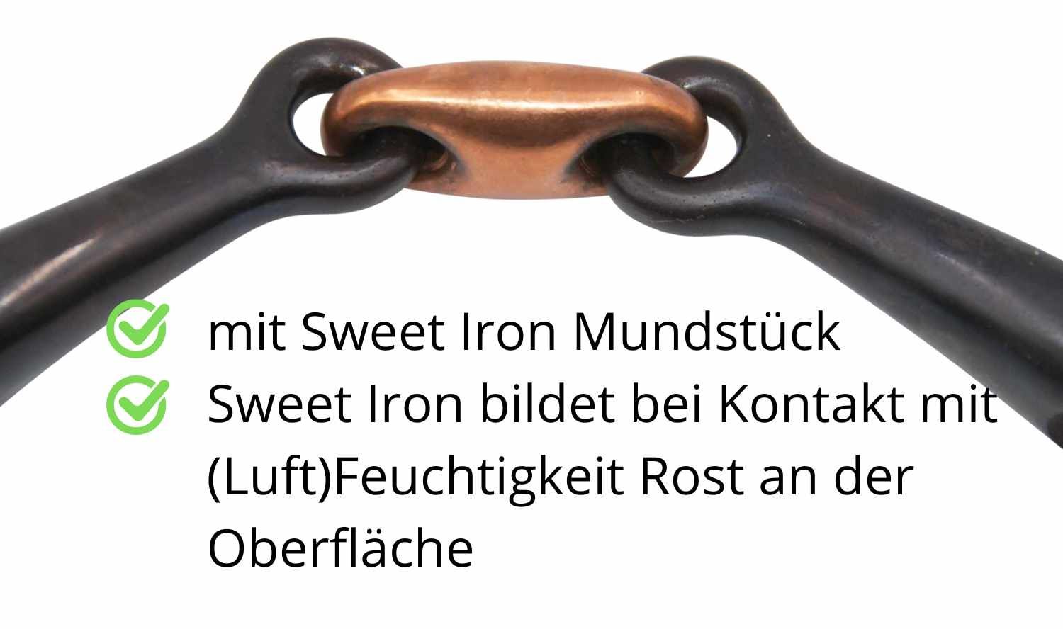 Gebiss-Detail mit Sweet Iron Mundstück. Text: 'Sweet Iron bildet bei Kontakt mit (Luft)Feuchtigkeit Rost an der Oberfläche'.