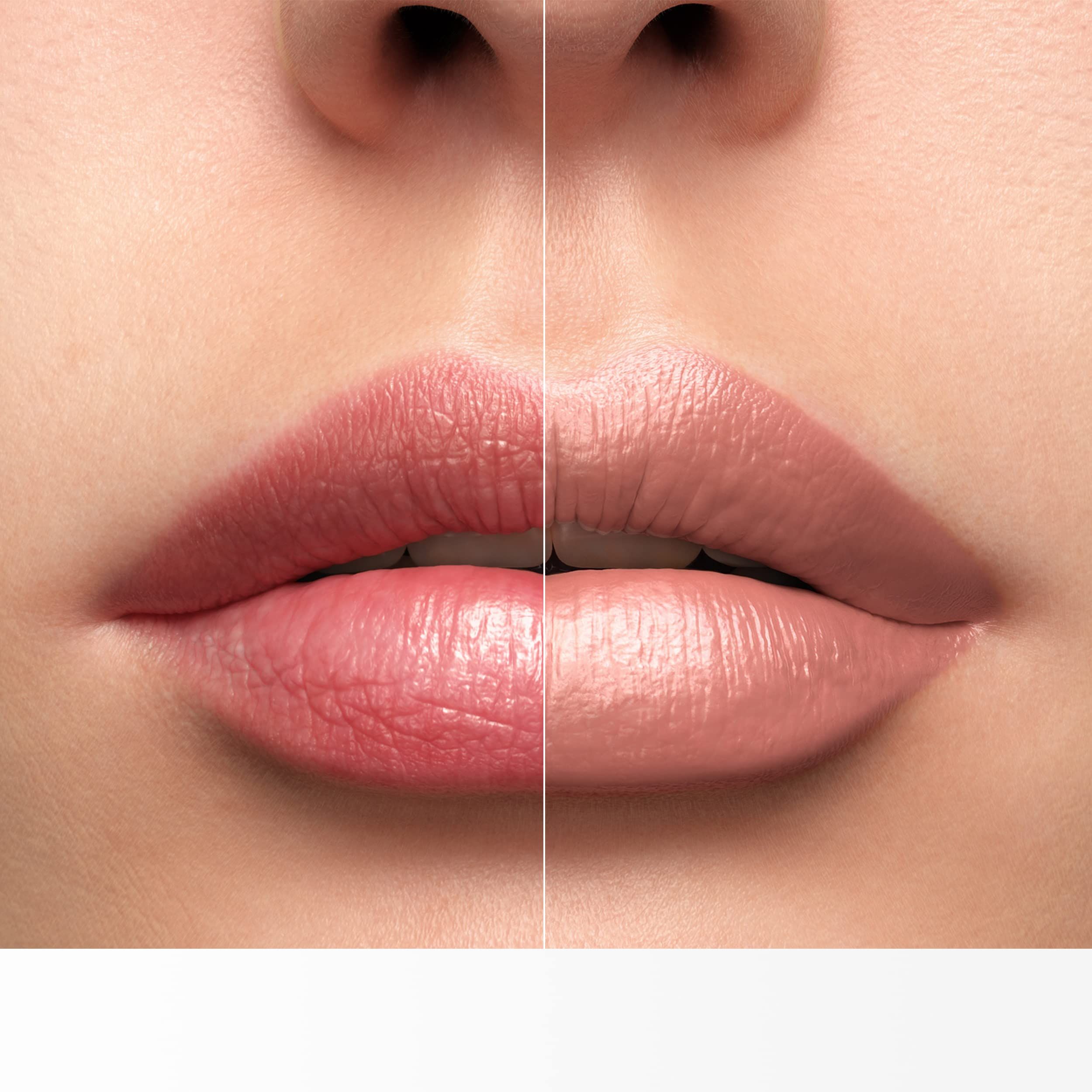 Nahaufnahme von Lippen. Eine Hälfte mit Lippenstift, die andere ohne. Farbvergleich.
