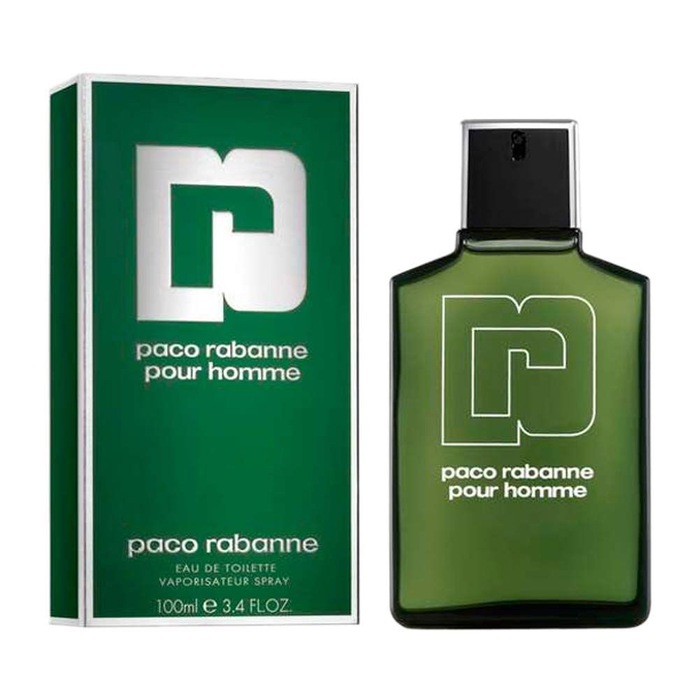 Grüne Paco Rabanne Pour Homme Flasche und Verpackung. Weißes Logo und Schriftzug. Eau de Toilette Spray.