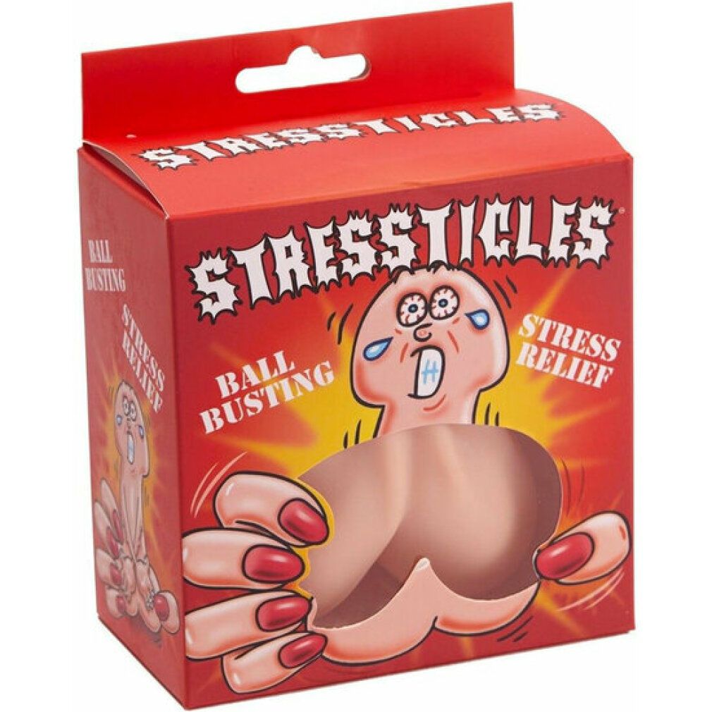 Rote Verpackung mit Aufschrift STRESSTICLES, BALL BUSTING, STRESS RELIEF. Produkt aus Gummi.