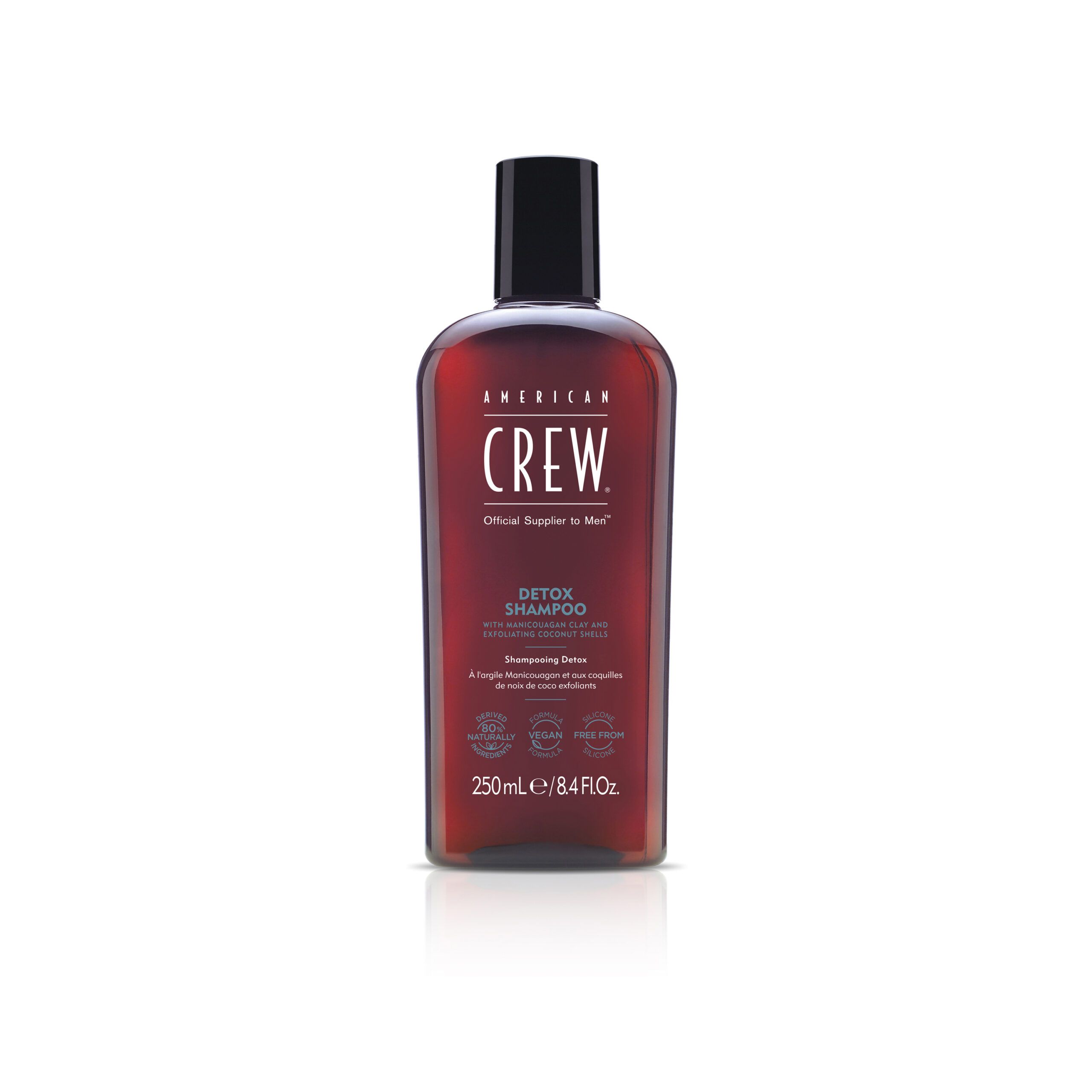 Braune Flasche mit schwarzem Deckel. Aufschrift: AMERICAN CREW, Detox Shampoo. 250ml.