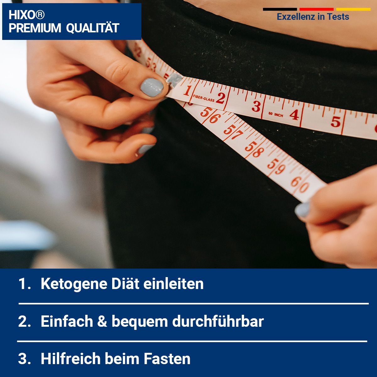 Person misst mit einem Maßband ihren Taillenumfang. Text: Ketogene Diät einleiten, Einfach & bequem durchführbar, Hilfreich beim Fasten.