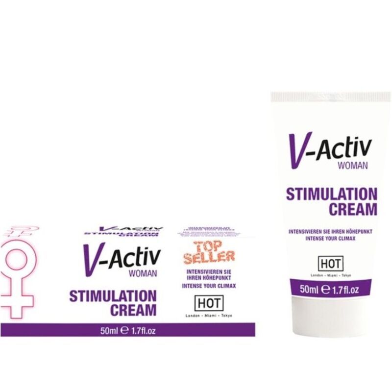 V-Activ Woman Stimulation Cream. Tube und Schachtel. TOP SELLER. HOT-Logo. 50ml. 1.7 fl.oz.