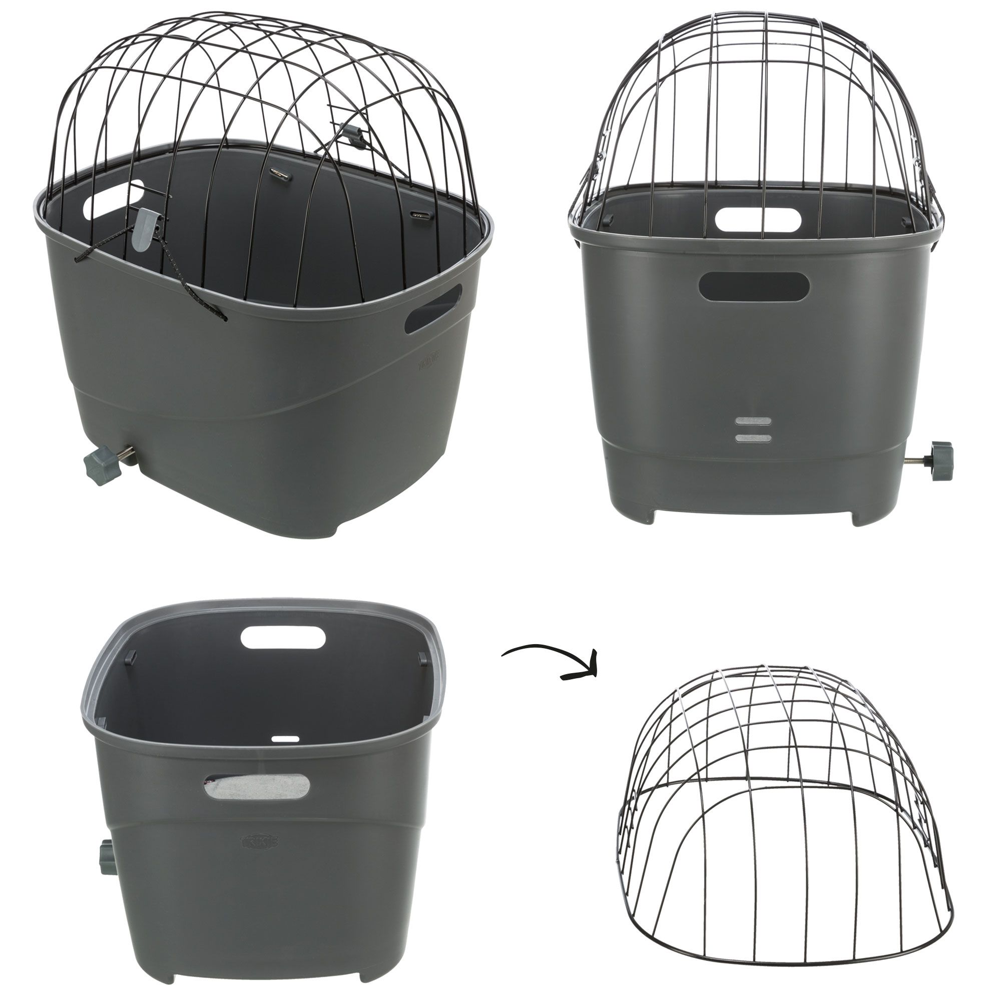 Grauer Fahrradkorb mit Drahtgitteraufsatz. Einzelteile: Korb, Gitter, Korb mit Gitter, Gitter separat.