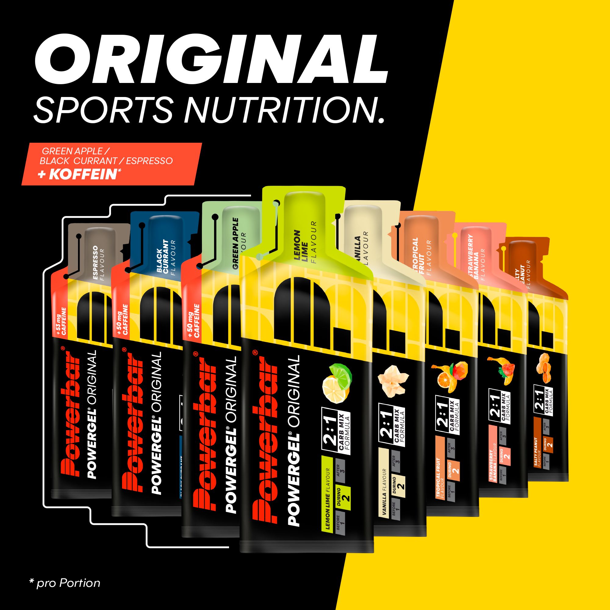 Mehrere PowerGel-Verpackungen in verschiedenen Geschmacksrichtungen. Gelb, schwarz und farbige Akzente. 'Original Sports Nutrition'.