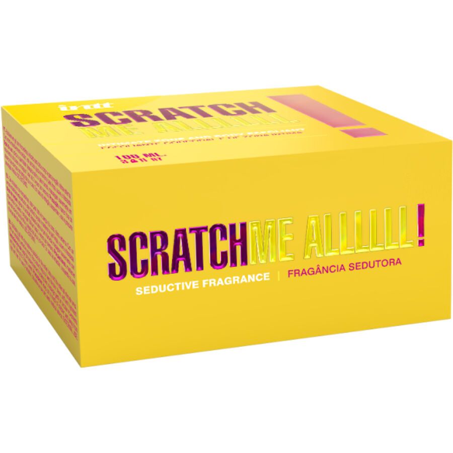 Gelbe Schachtel mit Aufschrift: SCRATCH ME ALLLLLL! Verlockender Duft. Gelbe Schrift mit pinkfarbenen Akzenten. Pinkfarbenes Ausrufezeichen.