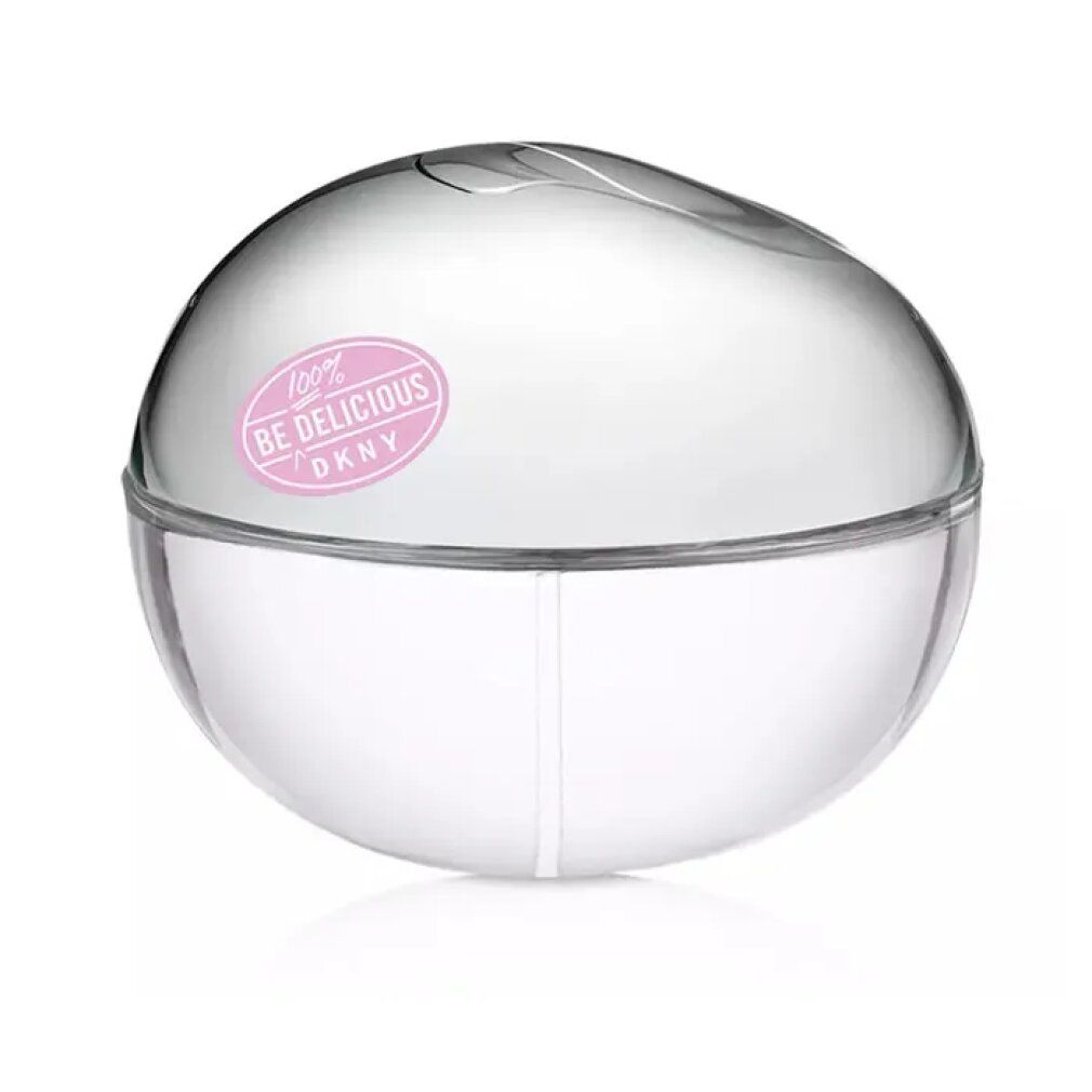 Runder, transparenter Flakon mit silberfarbenem Deckel. Rosa Aufkleber mit "BE DELICIOUS" und "DKNY".