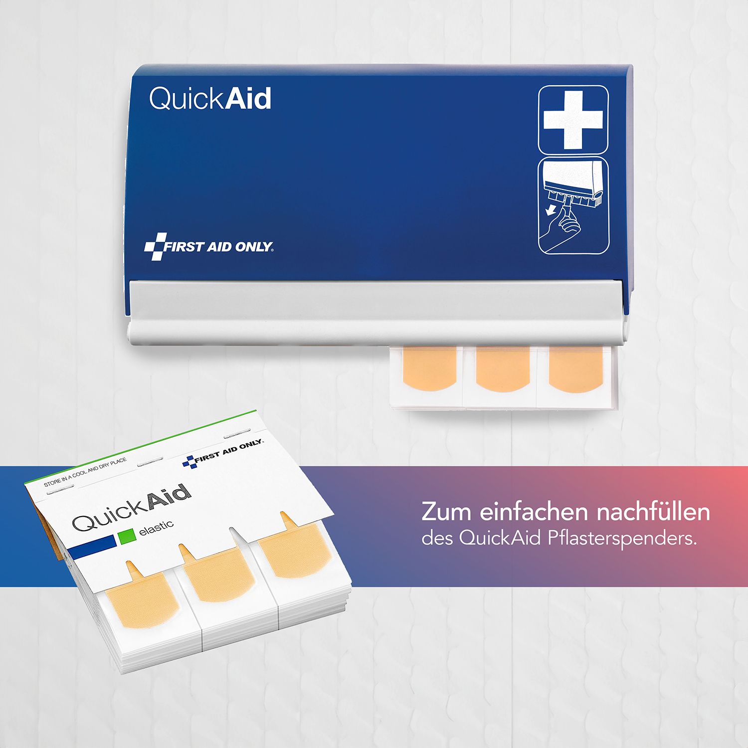 QuickAid Pflasterspender und Nachfüllpack. Blauer Spender, weiße Pflaster. Marke: First Aid Only. Pflaster werden entnommen.
