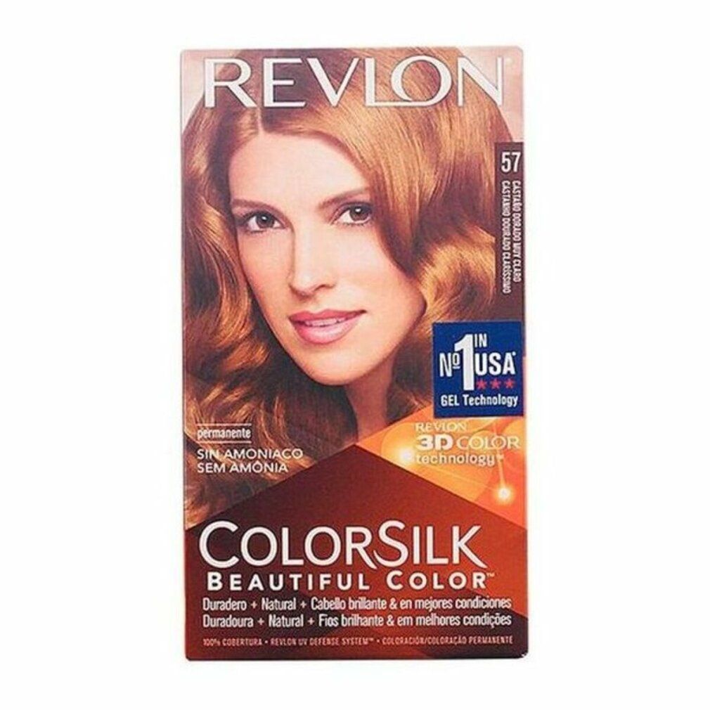 Revlon Colorsilk Haarfärbemittel-Verpackung, Farbton 57 Lightest Golden Brown. Frau mit goldbraunem Haar abgebildet. Text: permanente, ohne Ammoniak, #1 USA.