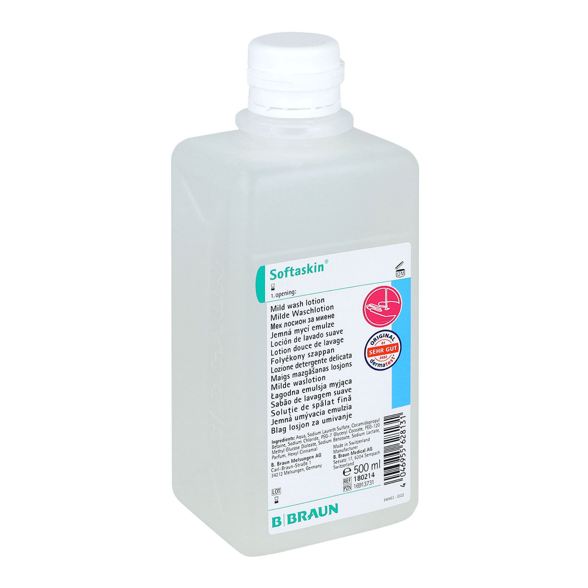 Flasche mit weißem Schraubverschluss. Aufschrift Softaskin und weitere Sprachen. B. Braun Logo unten.