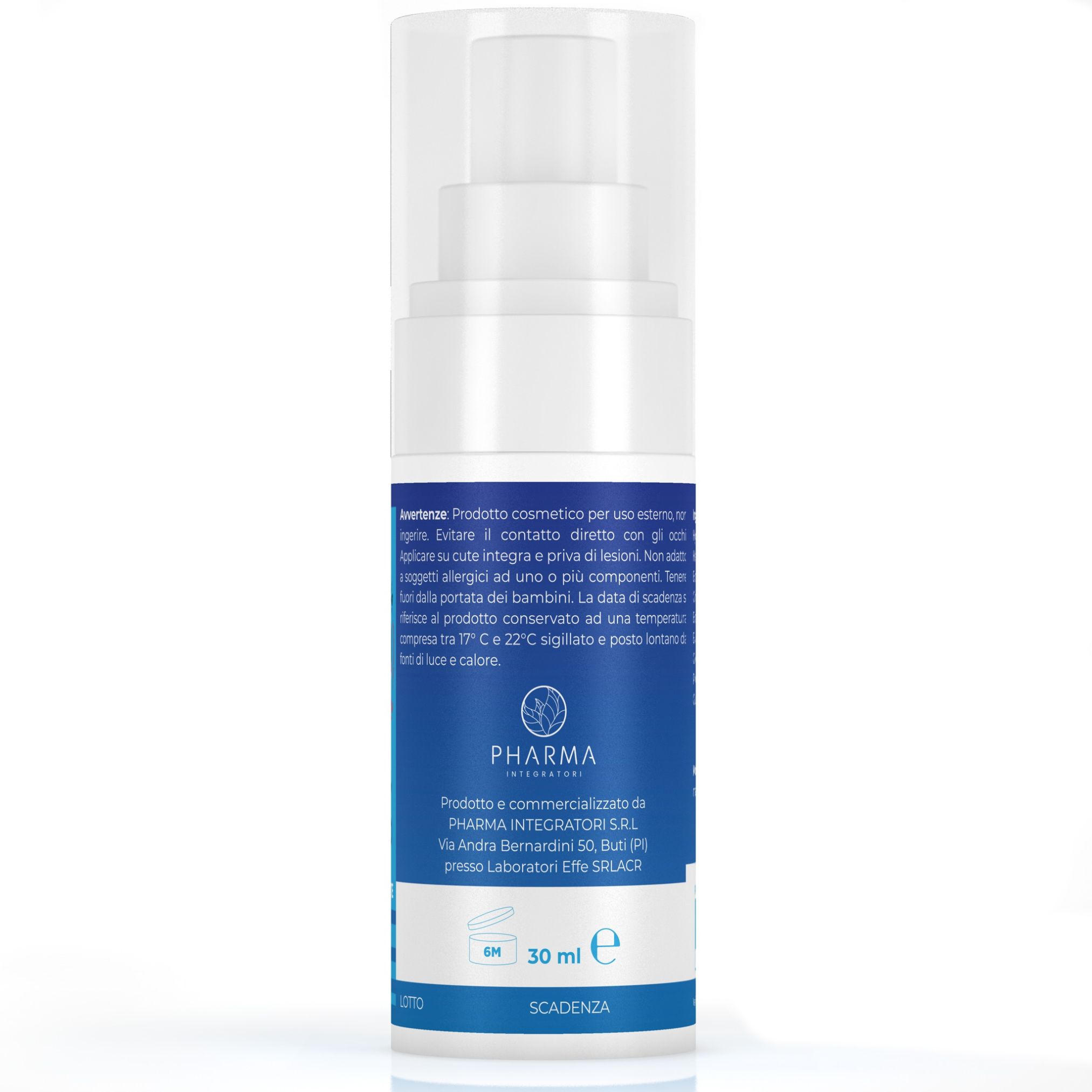 Rückseite einer Sprayflasche mit blauem Etikett, das Inhaltsstoffe und Herstellerangaben zeigt. 30 ml.